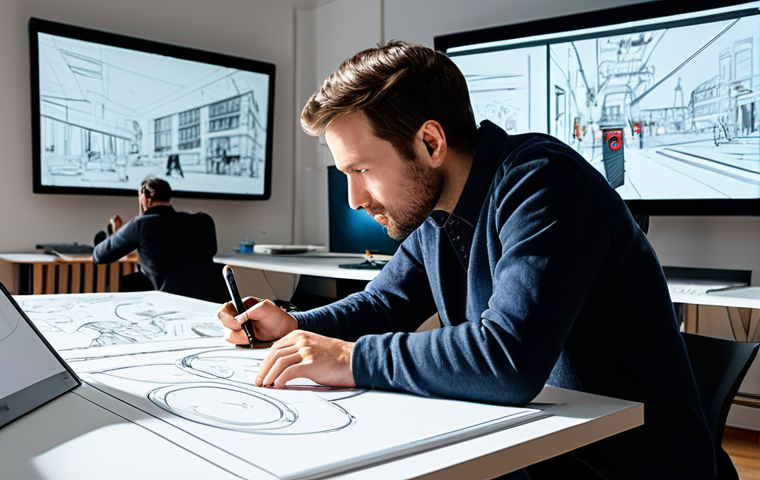 A diverse team of professional animators and storytellers, fully clothed in modest studio attire, collaborating intensely in a modern, bright animation studio. They are surrounded by digital drawing tablets displaying character concepts, storyboards on a large screen, and detailed design sketches on a drafting table. Subtle Parisian architectural elements are visible on their screens in the background. The atmosphere is innovative and highly collaborative. High-resolution, professional studio photography, dynamic lighting, sharp focus, perfect anatomy, correct proportions, natural pose, well-formed hands, proper finger count, natural body proportions. Safe for work, appropriate content, family-friendly.