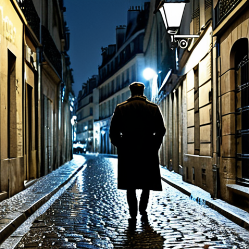 Home 17 Parisian Street Scene**
"A lone figure in a trench coat walks down a cobblestone street in Paris at night, fully clothed, the moonlight reflecting on the wet pavement, a Chanoir graffiti cat visible on a nearby wall, safe for work, perfect anatomy, natural proportions, appropriate content, professional photography, high quality, family-friendly."
**