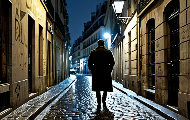 Parisian Street Scene**

"A lone figure in a trench coat walks down a cobblestone street in Paris at night, fully clothed, the moonlight reflecting on the wet pavement, a Chanoir graffiti cat visible on a nearby wall, safe for work, perfect anatomy, natural proportions, appropriate content, professional photography, high quality, family-friendly."

**