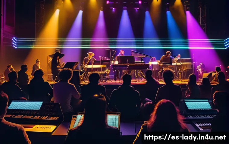 레이디버그 주제곡 작곡가 - A dynamic, vibrant concert scene featuring a diverse group of musicians on stage blending electronic...