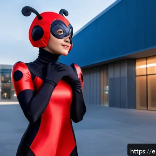 Home 26 레이디버그 코스프레 의상 - A detailed cosplay scene featuring a young adult woman dressed as Ladybug from the animated series, ...