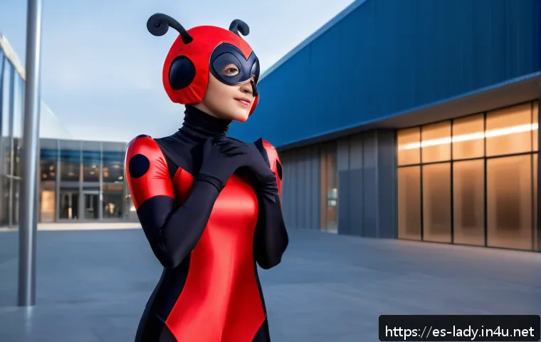 레이디버그 코스프레 의상 - A detailed cosplay scene featuring a young adult woman dressed as Ladybug from the animated series, ...