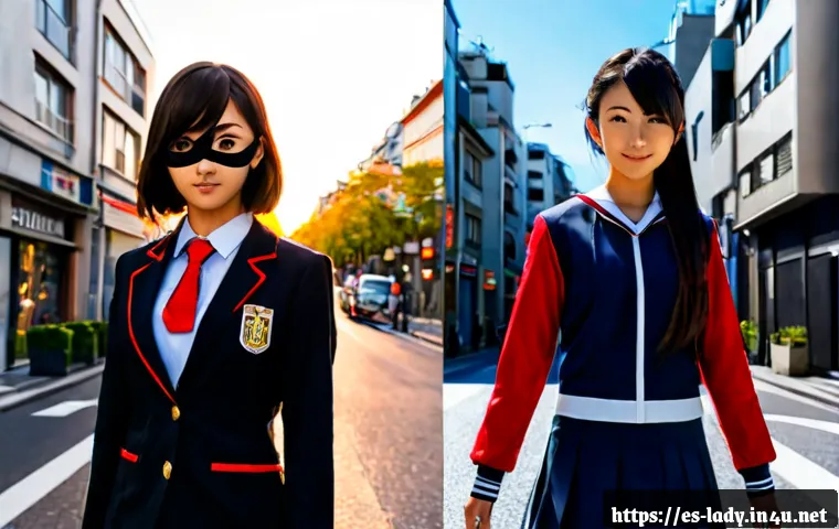 Home 15 레이디버그와 일본 애니메이션 비교 - Photorealistic side-by-side comparison scene, a red-and-black spotted masked teenage superheroine in...